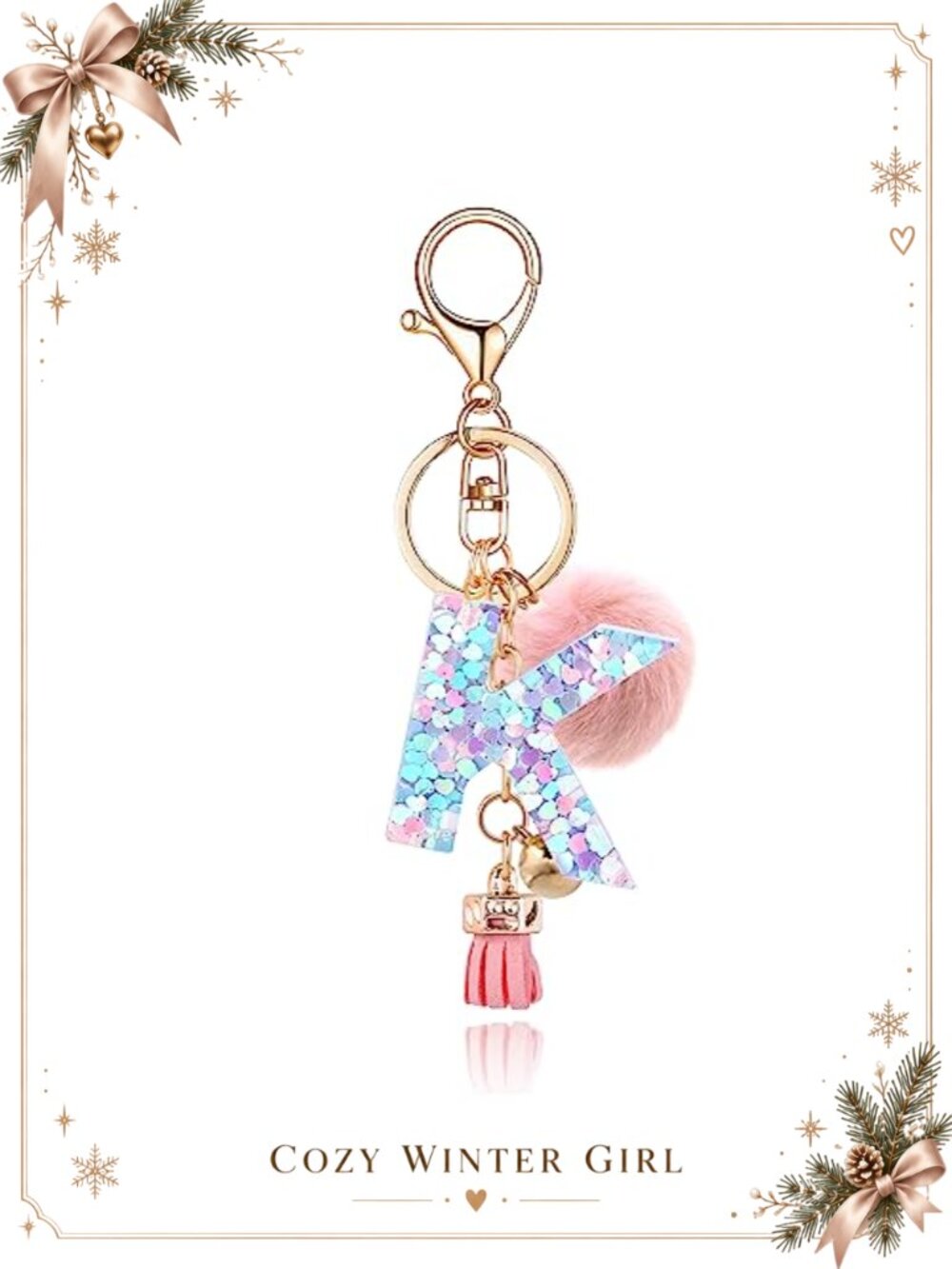 Resin Alphabet Initial Keychain Key Ring with Faux Rabbit Fur Ball Pom